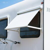 Window Awning, 600x400 Black - Window awning, black vinyl roof, black cassette and arms.